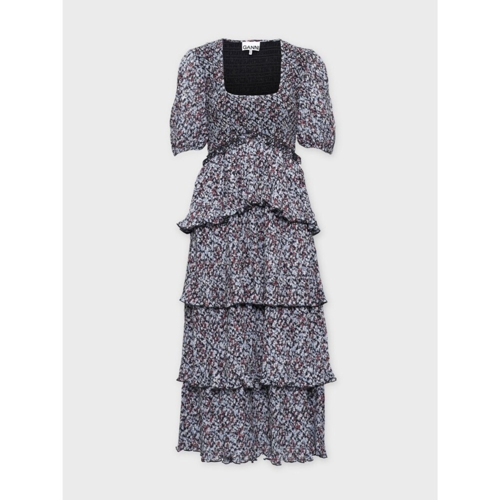 GANNI Pleated Georgette Smock Midi Dress Phantom Floral